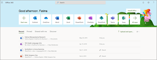 Начална страница на Office.com за учащи