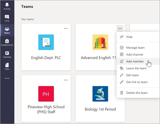 "Екипи", "още подробности", след това изберете "Добавяне на член"